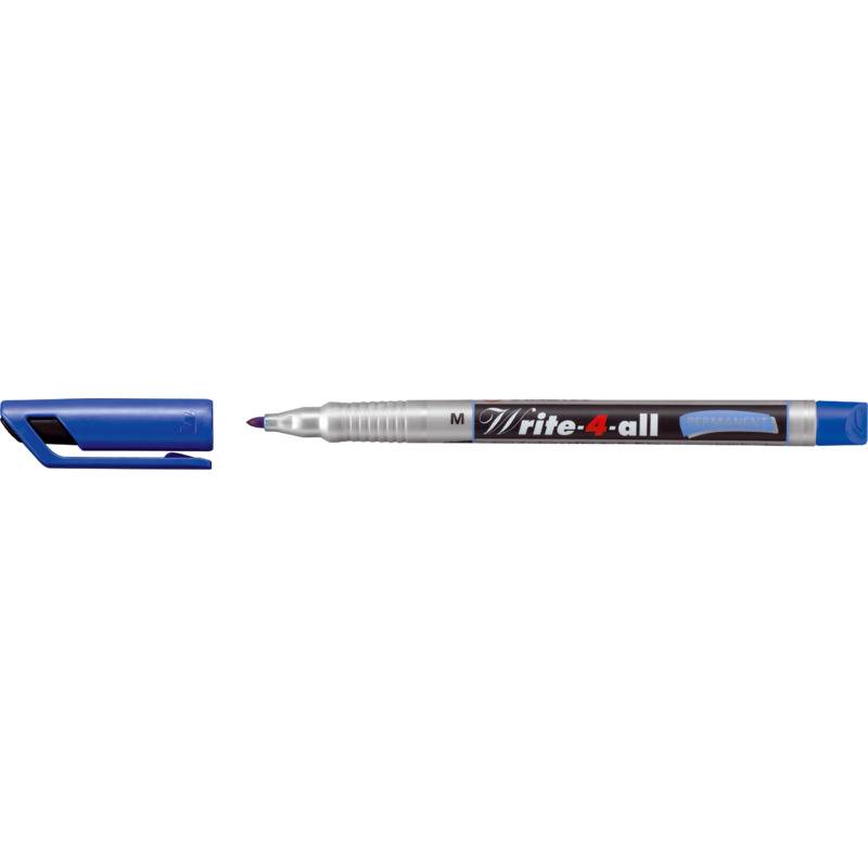 Ein blaukappeniger Rite4all Permanentmarker mit entfernter Kappe, der die violette Spitze und den silbernen Schaft auf weißem Hintergrund zeigt.