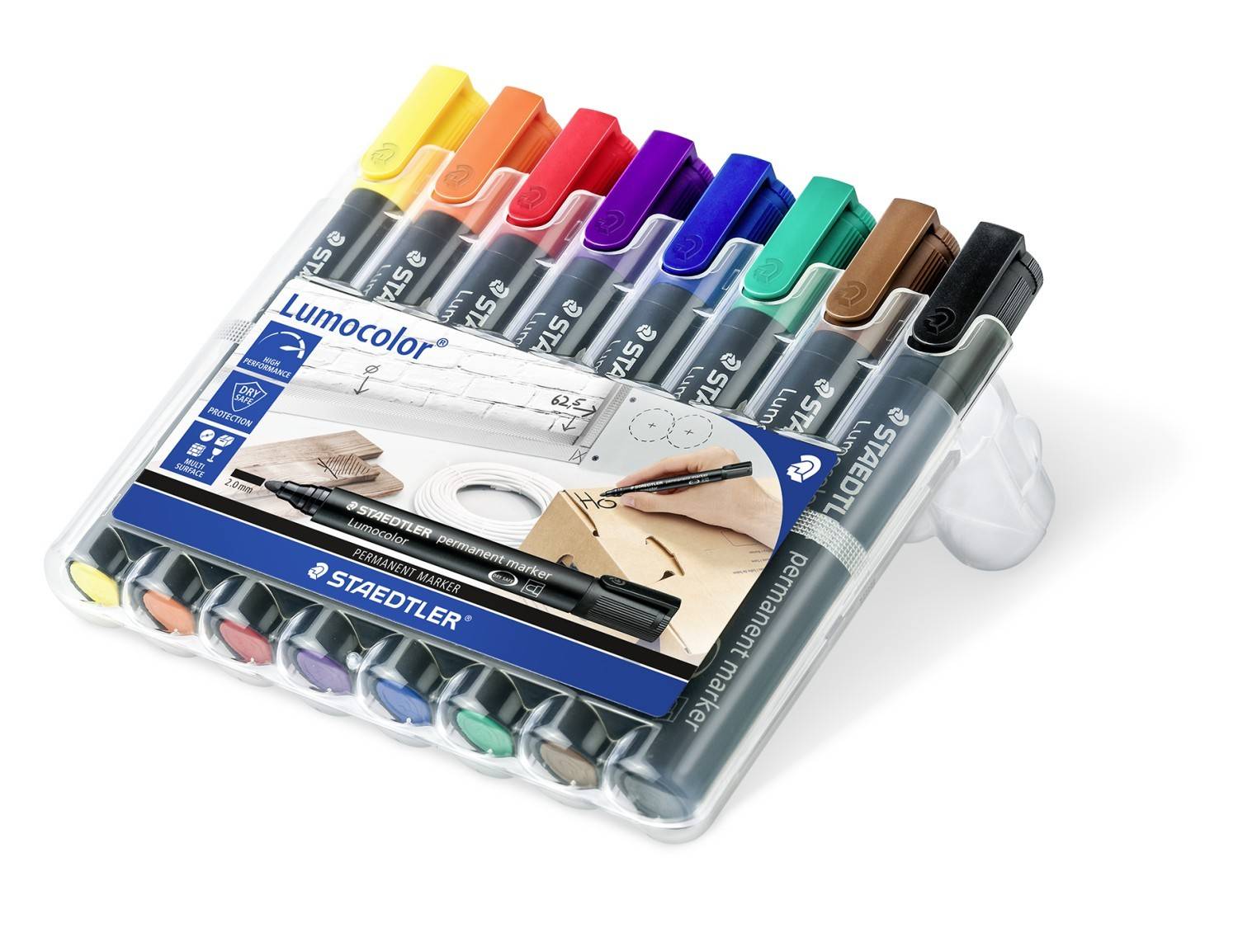Assortierte Staedtler Lumocolor Marker in einem durchsichtigen Kunststoffgehäuse, gezeigt mit Verpackung und einem Stift oben.