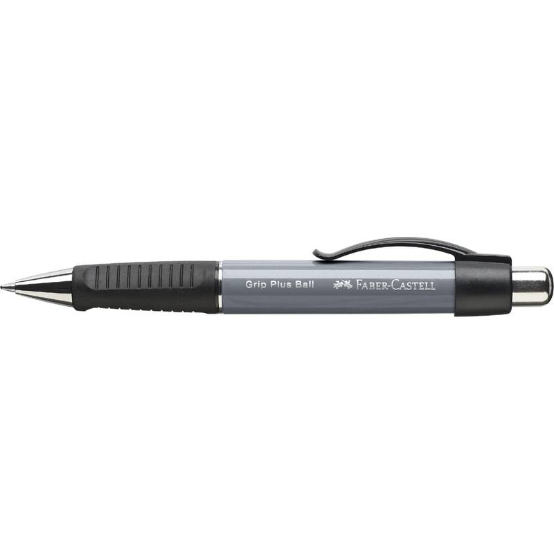 Schwarzer Faber-Castell Grip Plus Kugelschreiber mit Clip, horizontal auf weißem Hintergrund dargestellt.