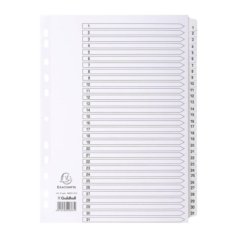 EXACOMPTA Karton-Register 1-31, DIN A4, weiß, 31-teilig
