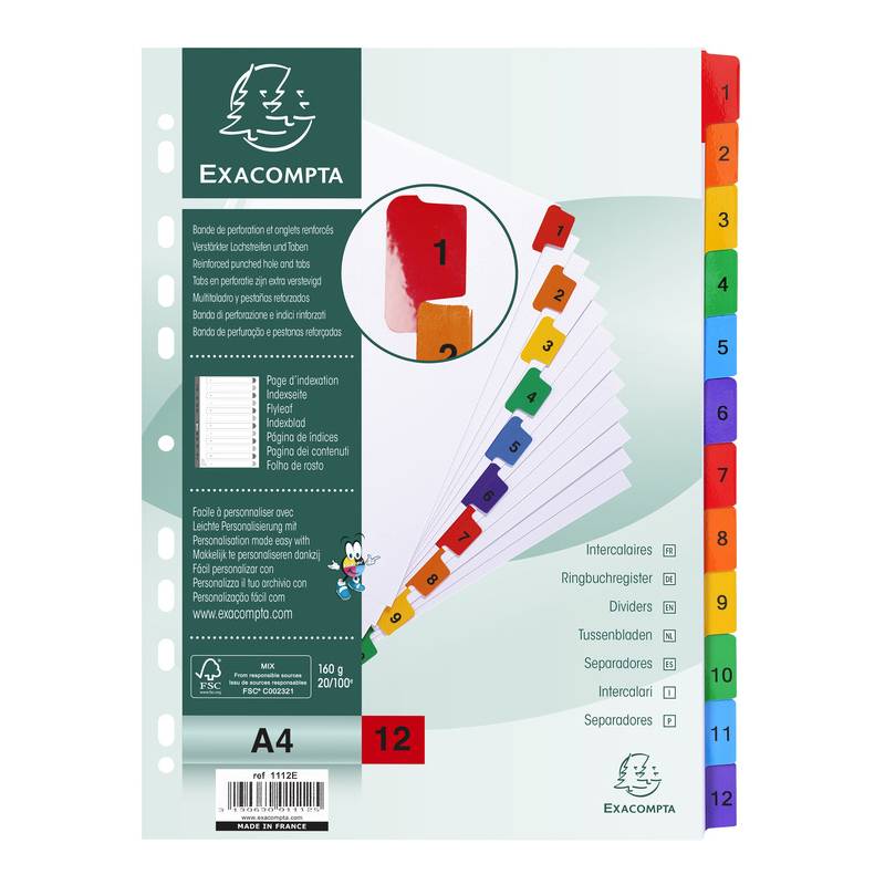 EXACOMPTA Karton-Register 1-12, DIN A4, weiß, 12-teilig