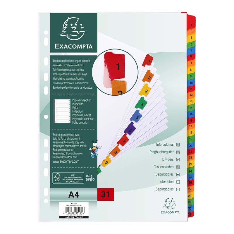 EXACOMPTA Karton-Register 1-31, DIN A4, weiß, 31-teilig