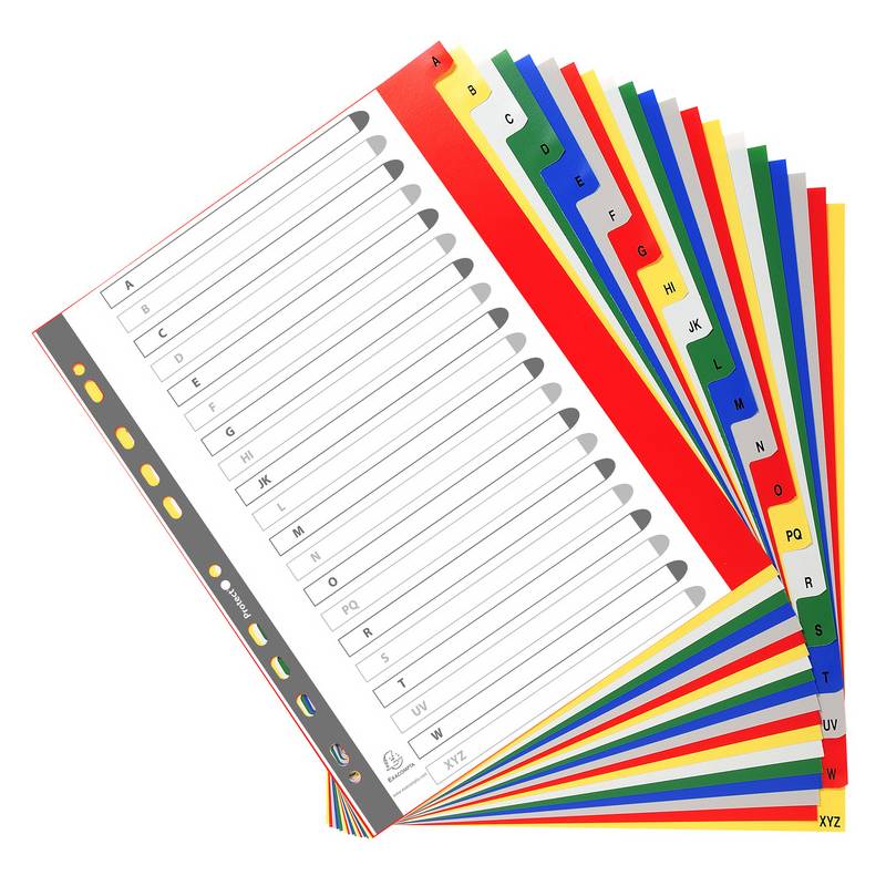 Bunte Alphabet-Register zum Organisieren von Akten, mit Registern von A bis Z, in Fächerform angeordnet.