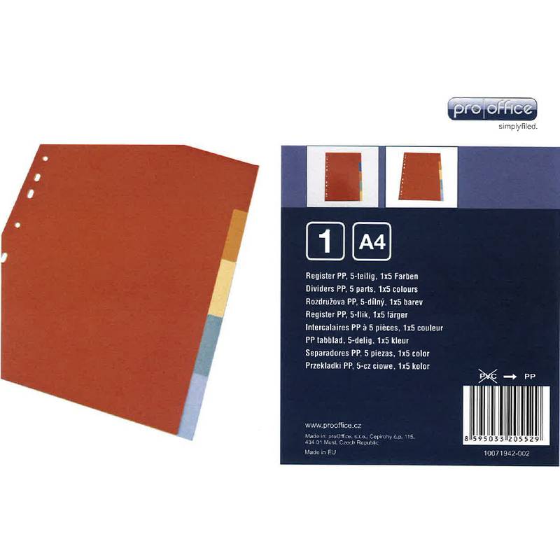 Rote Papier-Registerblätter für A4-Ordner mit fünf farbigen Registern zur Dokumentenorganisation, in Verpackung mit Produktdetails dargestellt.