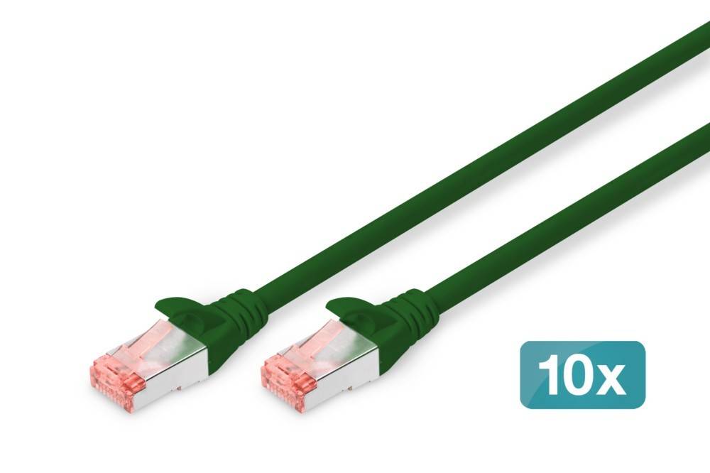 Grünes Ethernet-Kabel mit transparenten Steckern, mit der Aufschrift '10'.