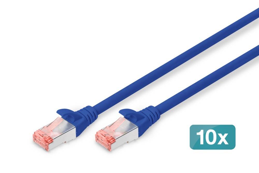 Blaues Ethernet-Kabel mit zwei RJ45-Steckern. Eine Beschriftung mit der Zahl '10' ist in der unteren rechten Ecke zu sehen.