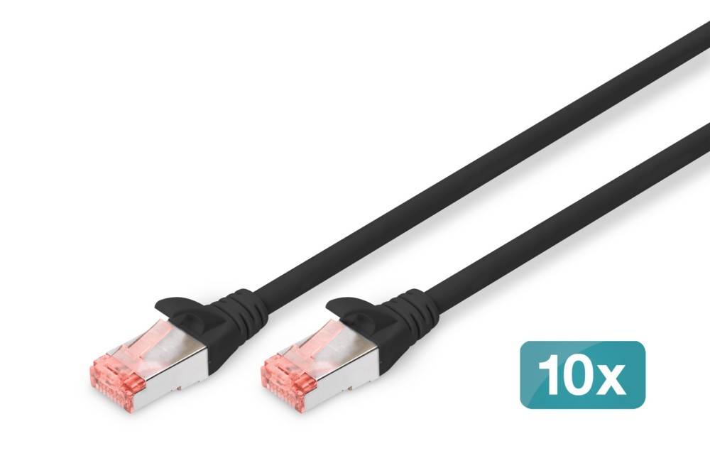 Ein schwarzes Ethernet-Kabel mit zwei RJ45-Steckern, Kabellänge gekennzeichnet als '10'.