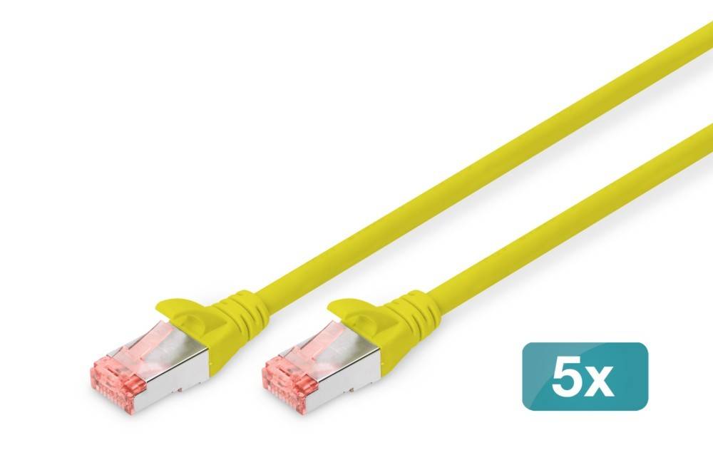 Zwei gelbe Ethernet-Kabel mit transparenten Steckern, die nebeneinander liegen. Eine türkisfarbene Box daneben zeigt die Zahl '5'.