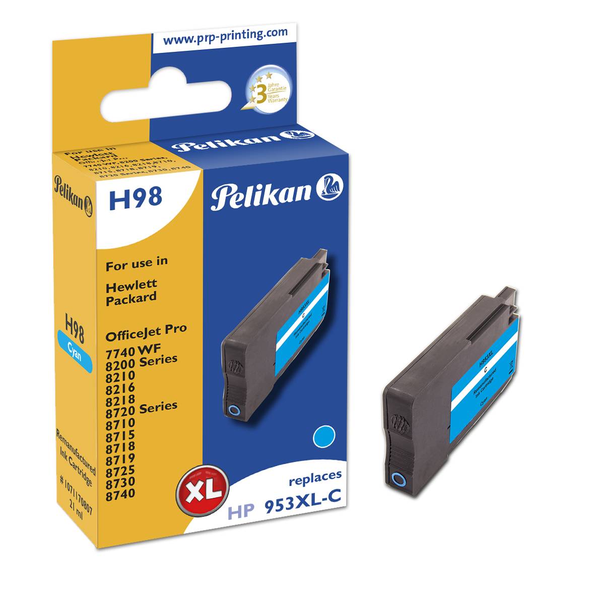 Pelikan H98 Cyan - Box - Tintenpatrone Wiederaufbereitet, Kompatibel - Cyan - 20