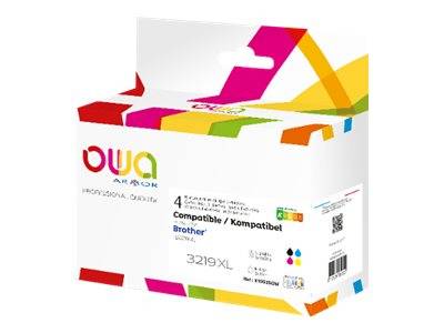 Kasten mit OWA Armor Tintenpatrone-Verpackung gekennzeichnet als Kompatibel für Brother 3219XL, mit CMYK-Farbsymbolen.