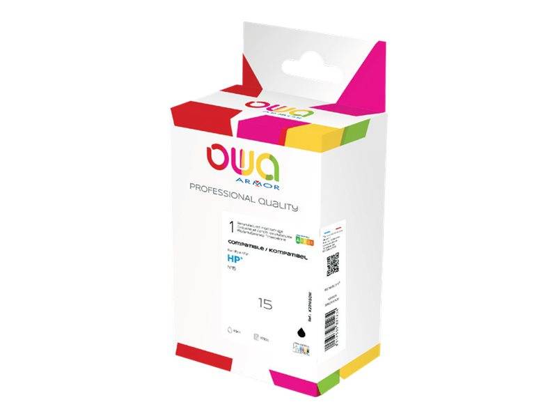 Karton mit OWA Armor professioneller Druckerpatronen in Originalverpackung, weiß mit farbigen Akzenten und Produktbranding.
