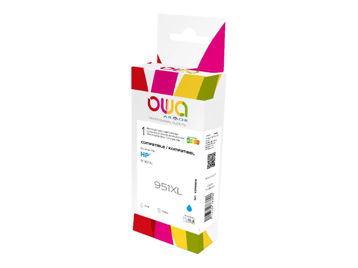 Einzelhandelsverpackung einer kompatiblen HP 951XL-Druckerpatrone in weißer Verpackung mit bunten geometrischen Akzenten und einem sichtbaren QR-Code.