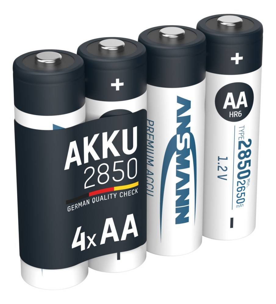 4x AA-Akkus, wiederaufladbar, 2850 mAh, mit deutscher Qualitätskontrolle und Ansmann-Branding.