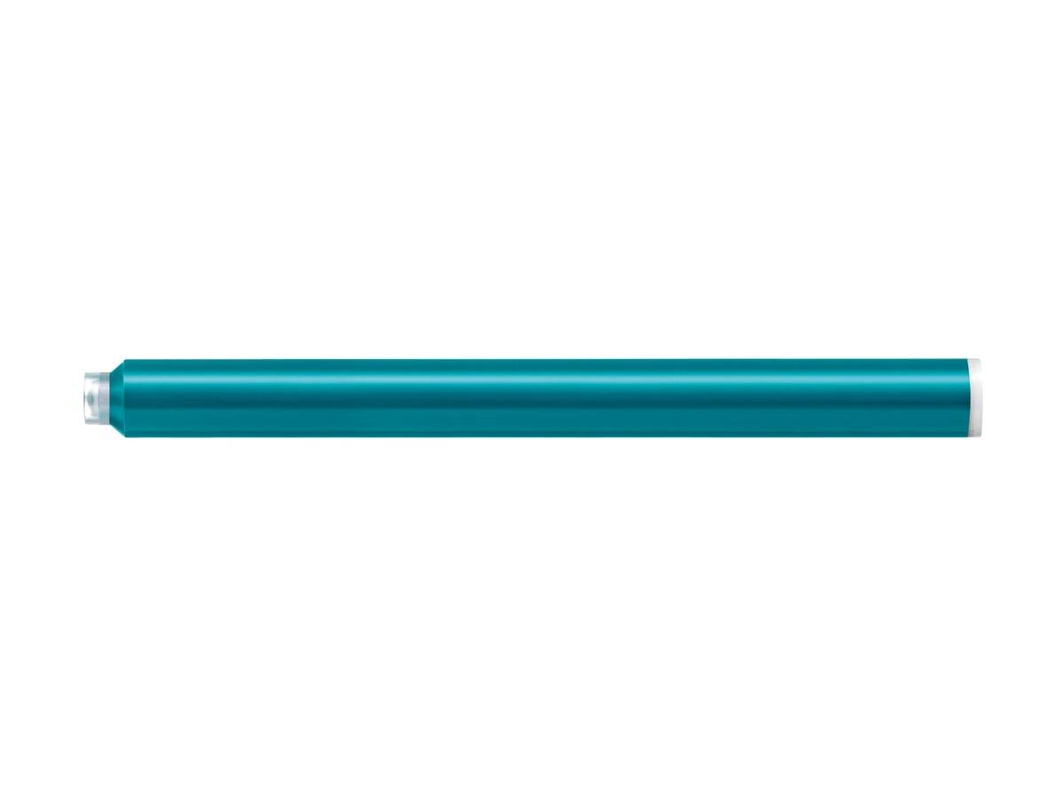Blauer zylindrischer Stift mit einer silbernen Spitze, horizontal auf weißem Hintergrund dargestellt.