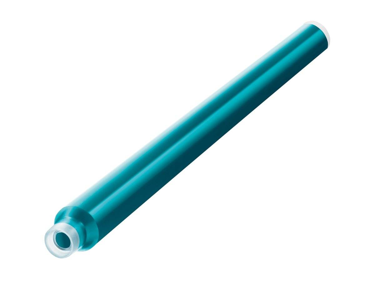 Stift oder Marker in Teelblau mit zylindrischer Form und weißer Spitze, diagonal auf einem einfarbigen Hintergrund abgebildet.