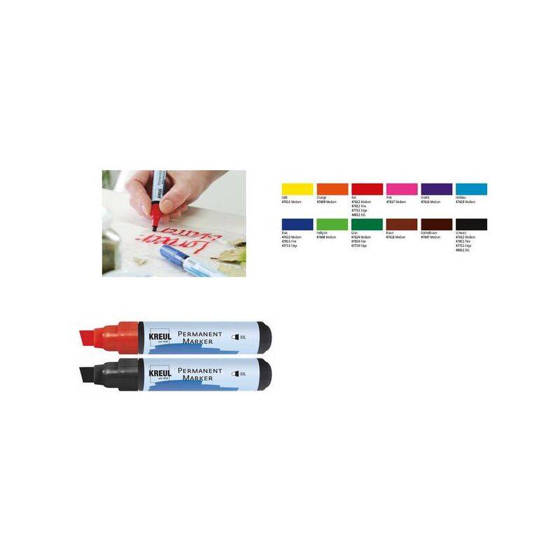 Zwei Kreul-Permanentmarker, einer rot und einer schwarz, mit einer Farbpalette darüber. Eine Hand verwendet den roten Marker auf Papier.