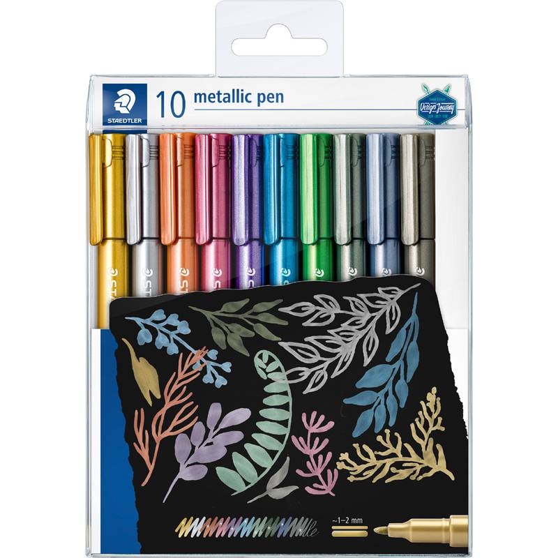 Schachteln mit 10 metallischen Stiften in assotierten Farben, die in einer Verpackung präsentiert werden, mit einer Beispielzeichnung von Blumenmotiven und einer Darstellung der Spitzengröße von 1-2 mm.