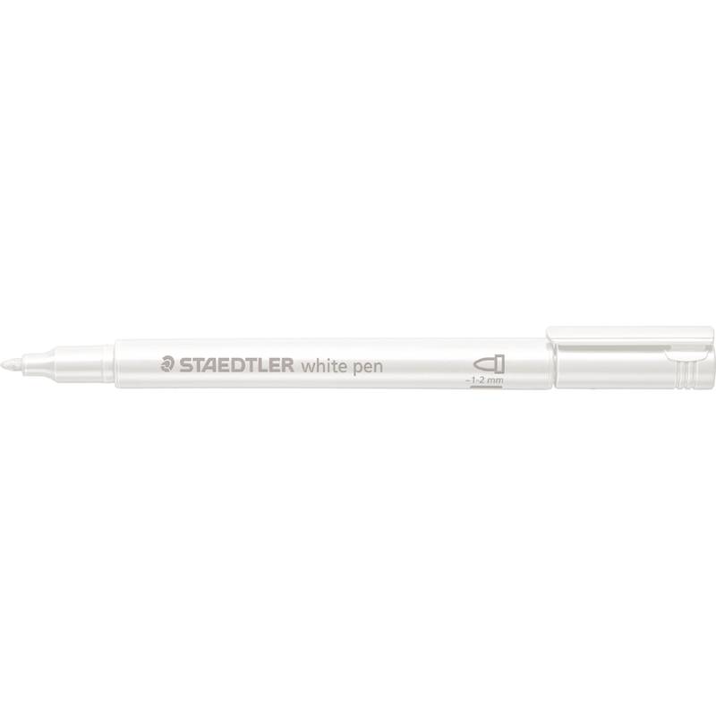 Ein weißer Staedtler-Stift mit feiner Spitze, beschriftet mit 'weißer Stift 1-2 mm', konzipiert für präzises Schreiben oder Zeichnen.