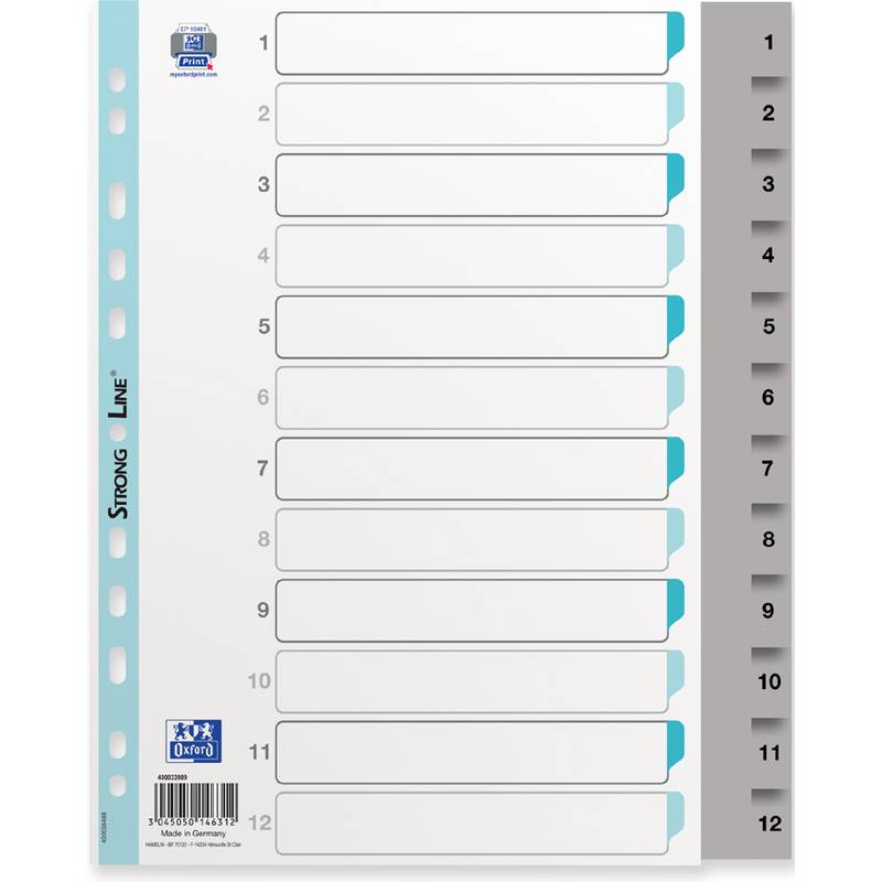 Oxford Kunststoff-Register, Zahlen,A4, grau, 12-teilig, Ü.b.