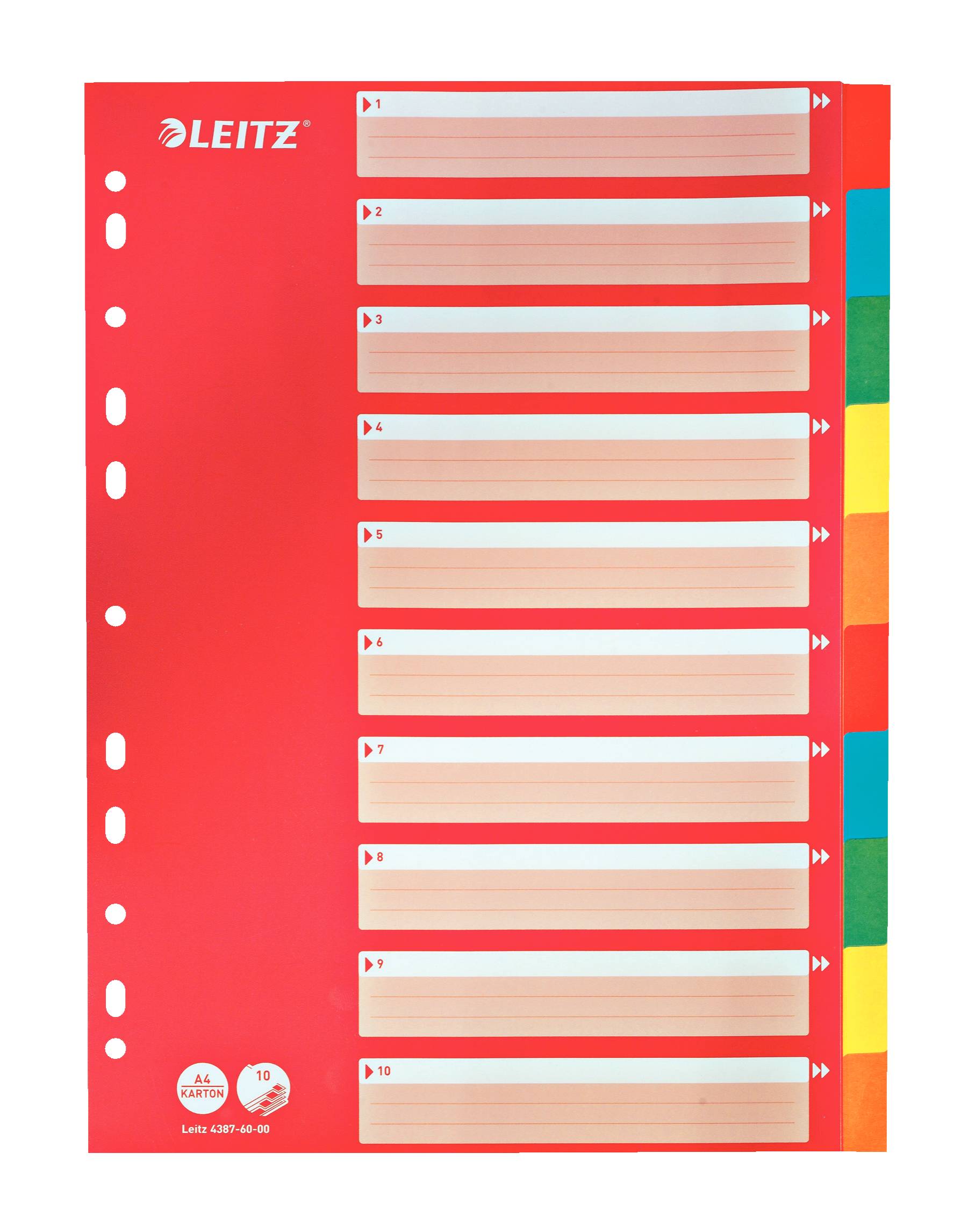 Rotes Leitz-Registerteilungsblatt mit 10 unbeschrifteten beschriftbaren Reitern und mehrfarbigen Randreitern zum Organisieren von Abschnitten in einem Ordner.