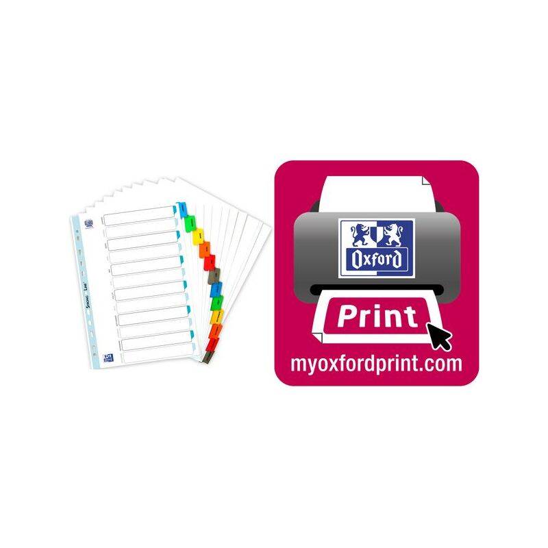 Logo von 'Oxford Print' neben Registerkarten eines Papierindexes mit farbigen Etiketten und liniierten Abschnitten.