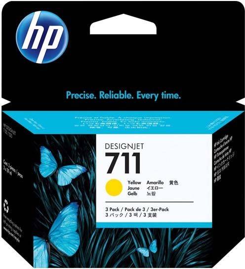 Packung des HP DesignJet 711 gelben Tintenpatronen mit blauem Schmetterlingsdesign, mit dem Text 'Präzise. Zuverlässig. Jedes Mal.