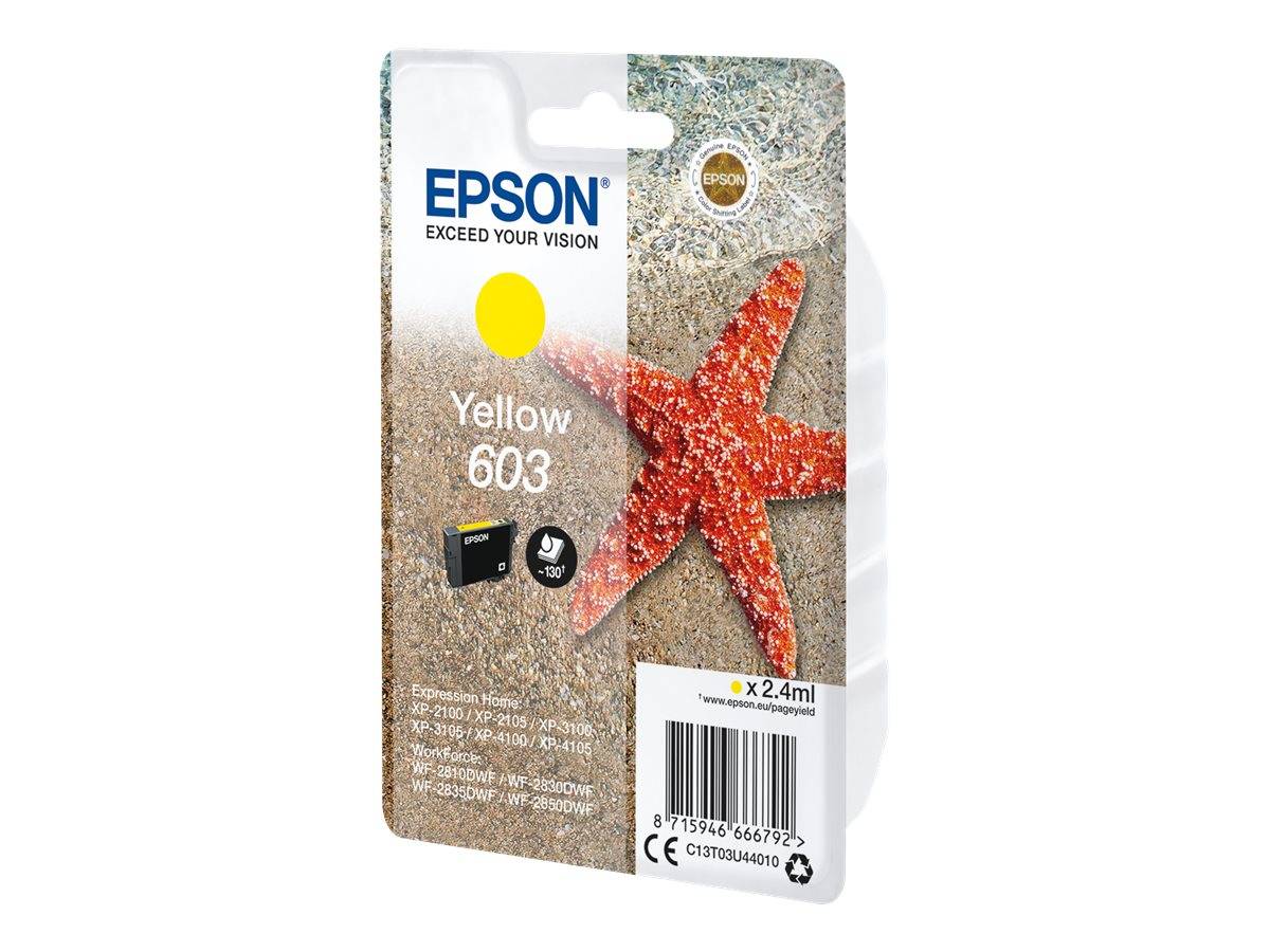 Epson Gelb 603 Tintenpatrone mit Seestern-Design, gekennzeichnet mit x 2,4 ml und einem Barcode.
