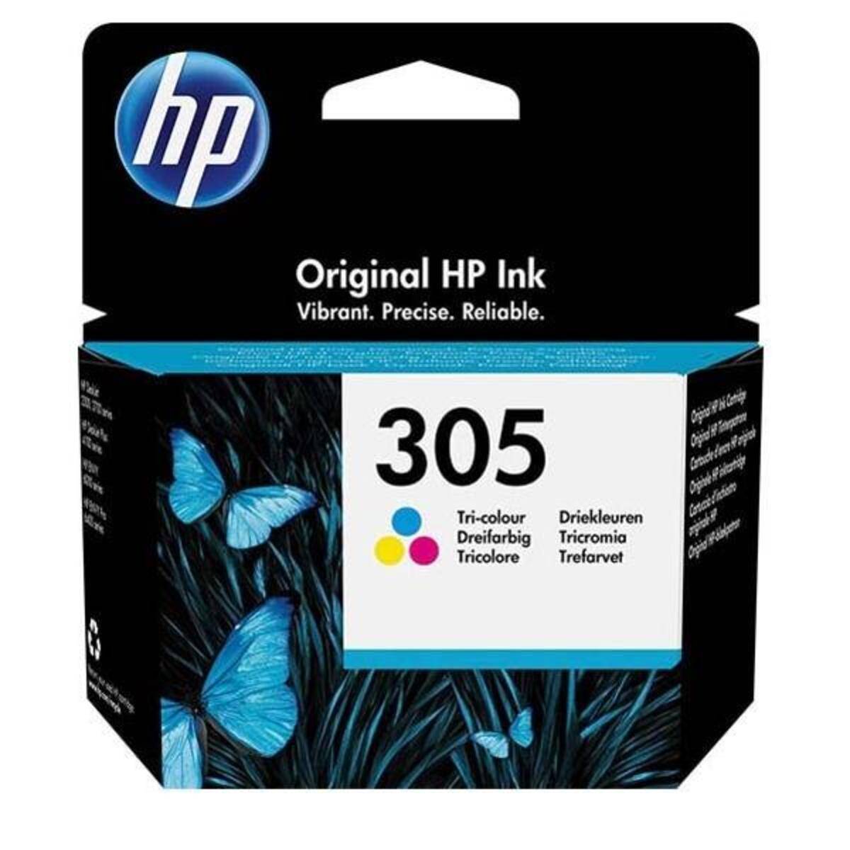 HP Original Tintenpatrone Karton mit der Bezeichnung 305, Tricolor, mit blauem Schmetterlings-Design.