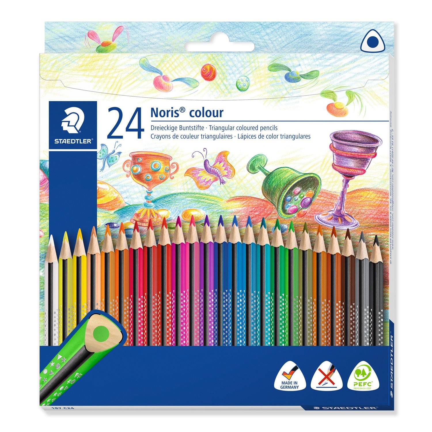 Staedtler Noris Colour 24er-Packung mit dreieckigen Buntstiften in einer Einzelhandelsverpackung, mit Stiften auf der Vorderseite und farbig illustriertem Hintergrund.