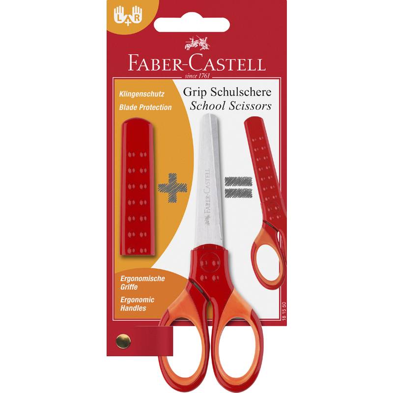 Faber-Castell Schulschere mit Grip, mit ergonomischen roten Griffen und einer mitgelieferten Klingenschutzabdeckung, geeignet für den Einsatz im Klassenzimmer.