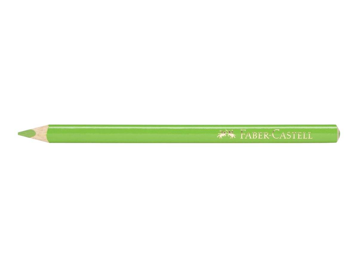 Grüner Faber-Castell Holzbleistift horizontal auf weißem Hintergrund dargestellt, angespitzte Spitze auf der linken Seite und Markenname auf dem Schaft.