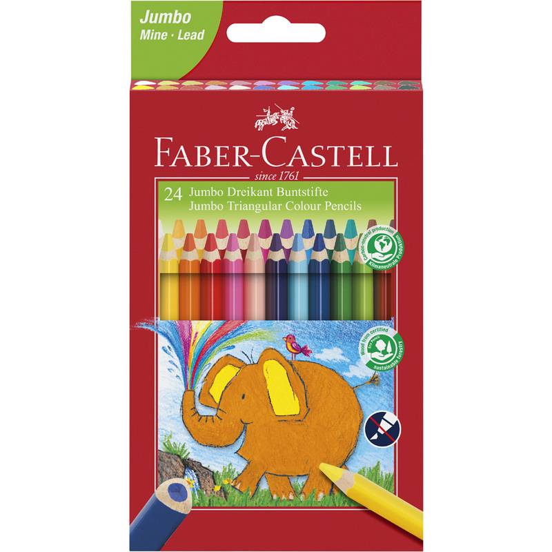 Faber-Castell Jumbo Dreikant-Buntstifte, 24er Packung, mit Bild einer Elefantenzeichnung auf der Verpackung.