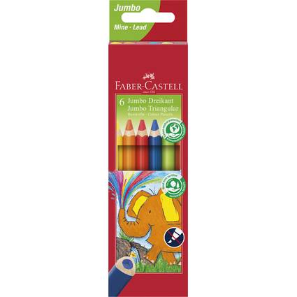 Faber-Castell Jumbo Dreikant-Buntstifte' Packung mit einer Illustration eines orangefarbenen Elefanten und eines Regenbogens auf der Verpackung.
