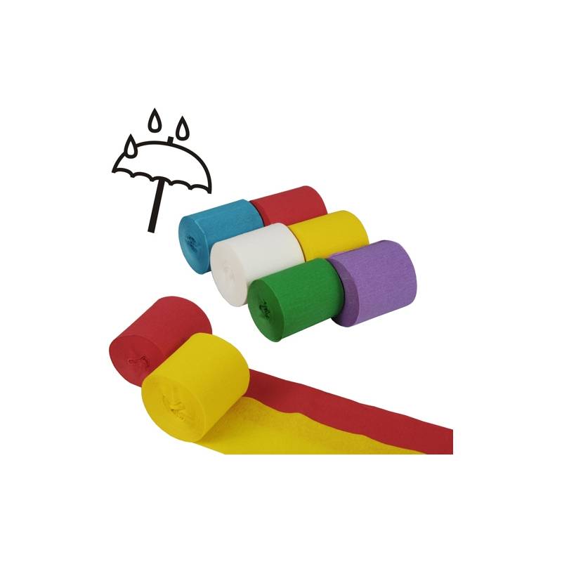 Farbige Rollen aus nicht ausblutenden Crêpepapier in Rot, Blau, Weiß, Grün, Gelb und Lila. Ein Schirm-Icon mit Regentropfen zeigt Wasserdichtigkeit an.
