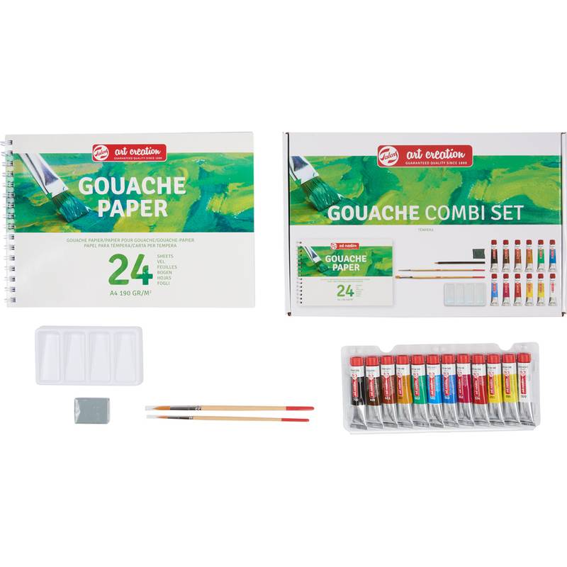 Das 'Gouache Combi Set' enthält einen Gouache-Papierblock mit 24 Blättern, eine Farbpalette mit mehreren Farben, zwei Pinsel und eine Mischpalette.