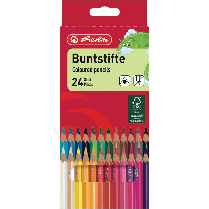 Eine Packung mit 24 Buntstiften von Herlitz, mit der Bezeichnung 'Buntstifte', mit rotem Deckel, versehen mit einer grünen Dinosaurier-Grafik und FSC-Zertifizierung.