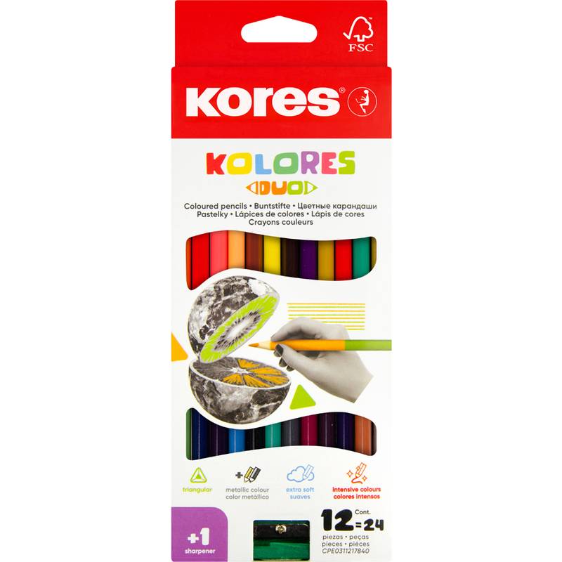Kores Dreikant-Buntstifte "DUO", 12er Karton-Etui + Spitzer