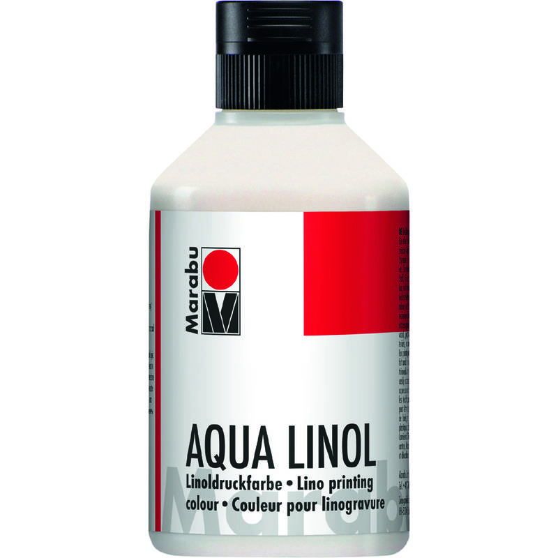 Eine Flasche Marabu Aqua Linol, Linoldruckfarbe. Das Etikett ist überwiegend rot und weiß, mit Produktname und Gebrauchsanweisungen.