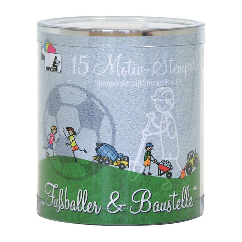 HEYDA Motivstempel-Set "Fußballer & Baustelle", Runddose