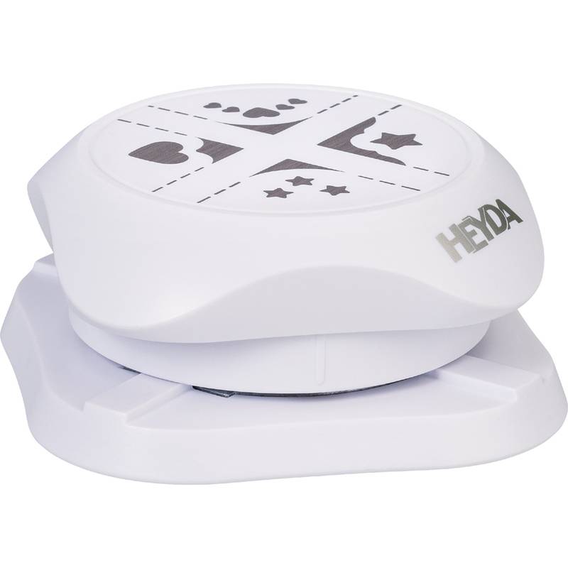 Ein weißer Heyda Motivstanzer mit auswechselbaren Designs: Herz, Stern, Pfotenabdruck und Pfeil.