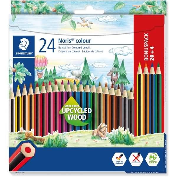 Packung Staedtler Noris Farbstifte, 24 plus 4 Bonus-Stifte, mit Branding „aus recyceltem Holz hergestellt