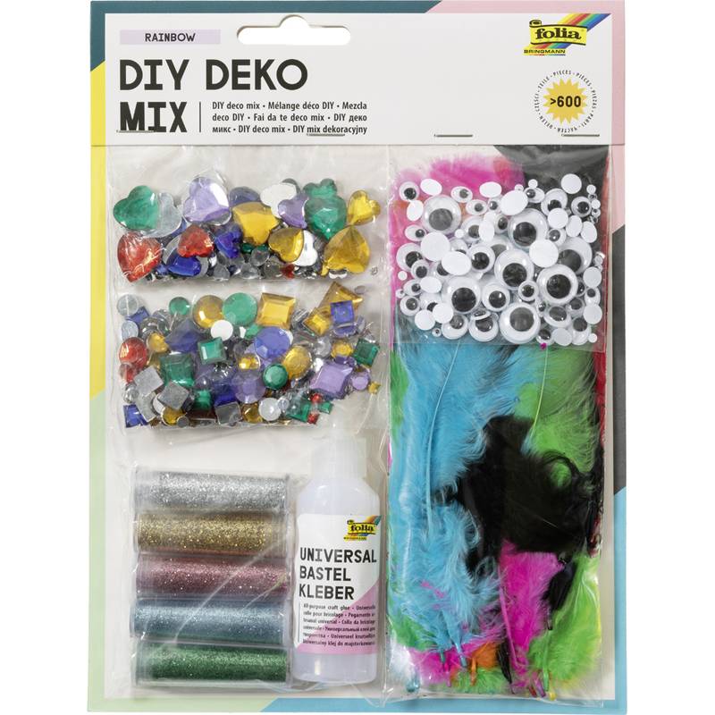 DIY DEKO MIX Bastelset mit farbigen Steinen, Wackelaugen, Glitter, Leim und Federn in verschiedenen Regenbogenfarben.