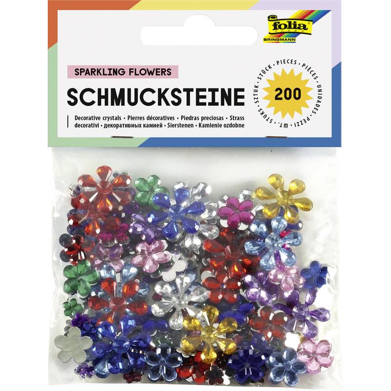 folia Schmucksteine "Blumen", Größen und Farben sortiert