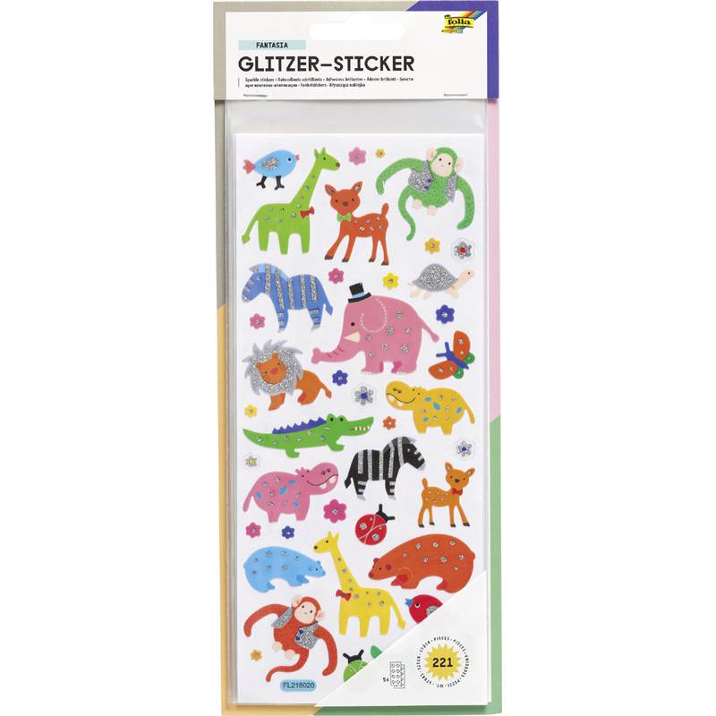 Buntes Stickerbogen mit verschiedenen Cartoon-Tieren, wie Elefanten, Zebras und Krokodilen, die lustige Accessoires tragen.