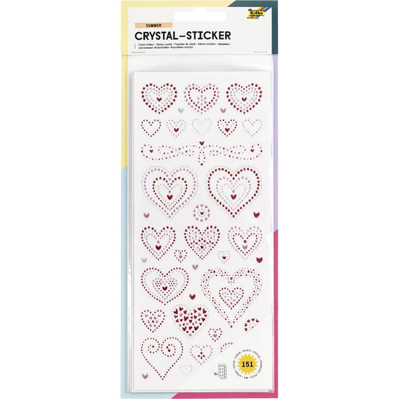 Ein Paket mit transparenten Stickern in verschiedenen Größen und Designs von Herzen, die mit kleinen kristallartigen Verzierungen versehen sind.