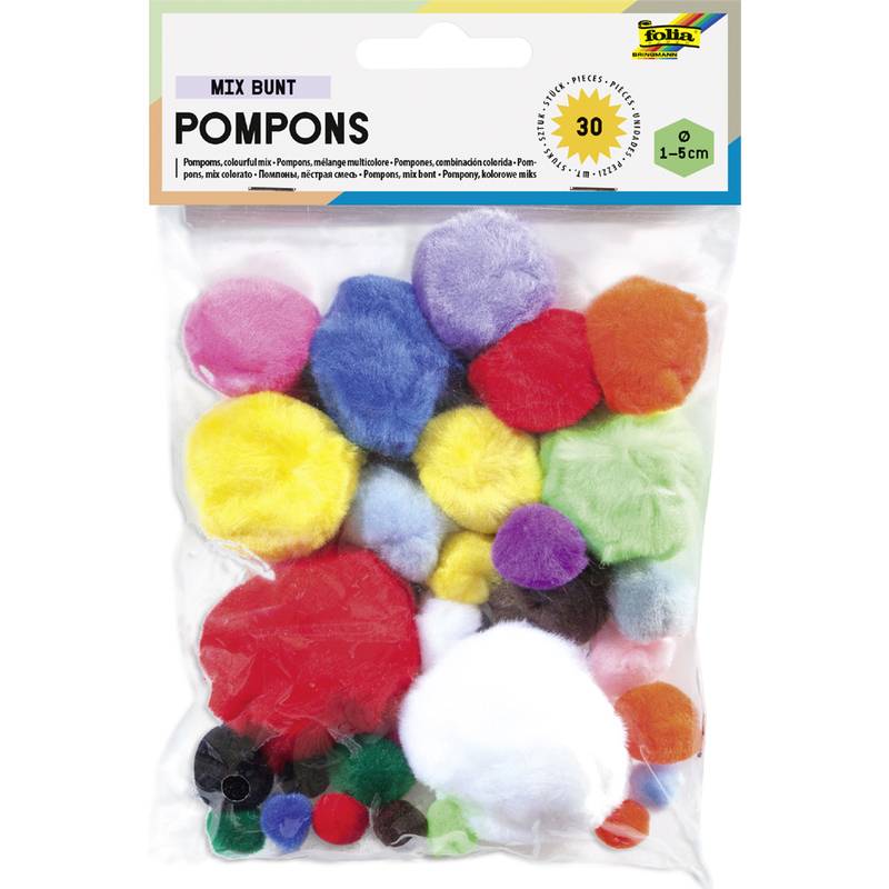 folia Pompons, 30 Stück, Größen und Farben sortiert