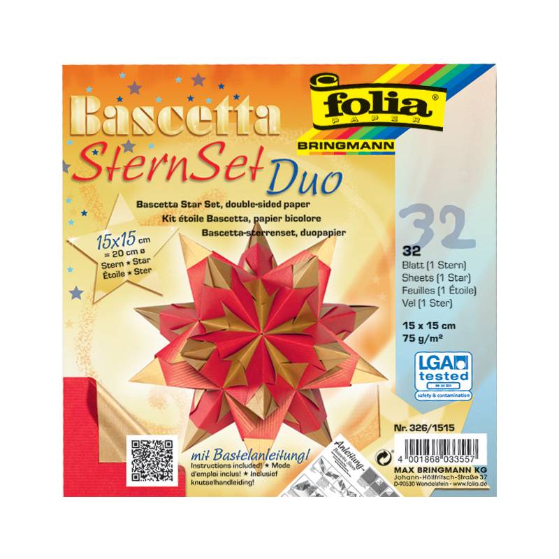 folia Faltblätter Bascetta-Stern, 150 x 150 mm, hochrot/gold