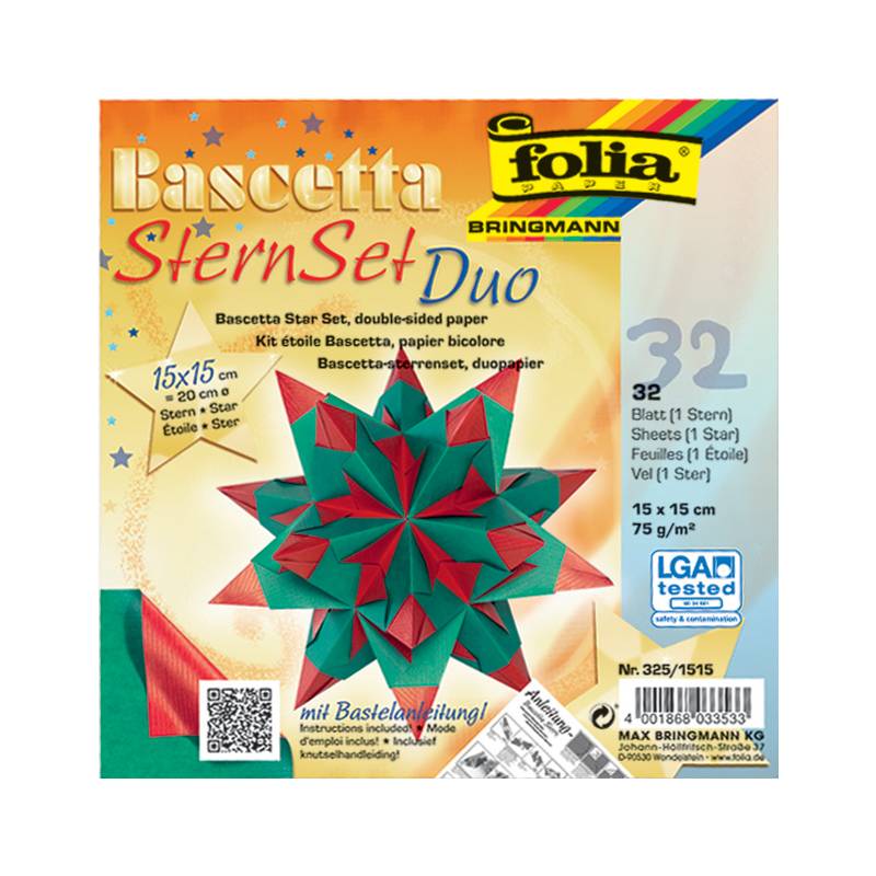 folia Faltblätter Bascetta-Stern, 150 x 150 mm, hochrot/grün