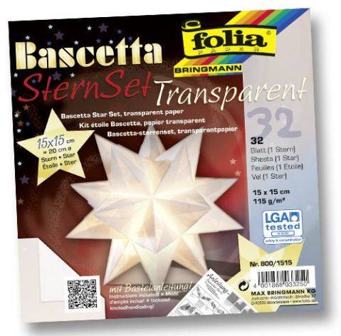 Paket des Folia 'Bascetta SternSet Transparent' Papierkits, zeigt einen fertigen weißen Stern und Details für 32 Blatt, 15 x 15 cm, 115 g/m².