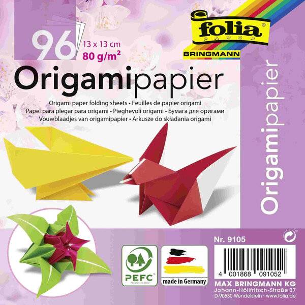 Faltblätter Origamipapier - 13 x 13 cm 12 Farben 96 Blatt.